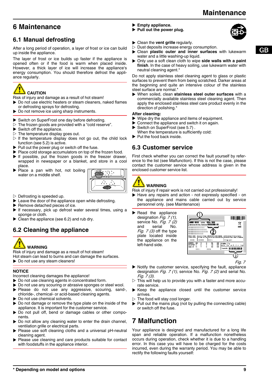 6maintenance, 1manual defrosting, 2cleaning the appliance | 3customer service, 7malfunction, 6 maintenance, 7 malfunction, Maintenance, 1 manual defrosting, 2 cleaning the appliance | Liebherr GP 1476 Premium User Manual | Page 9 / 12