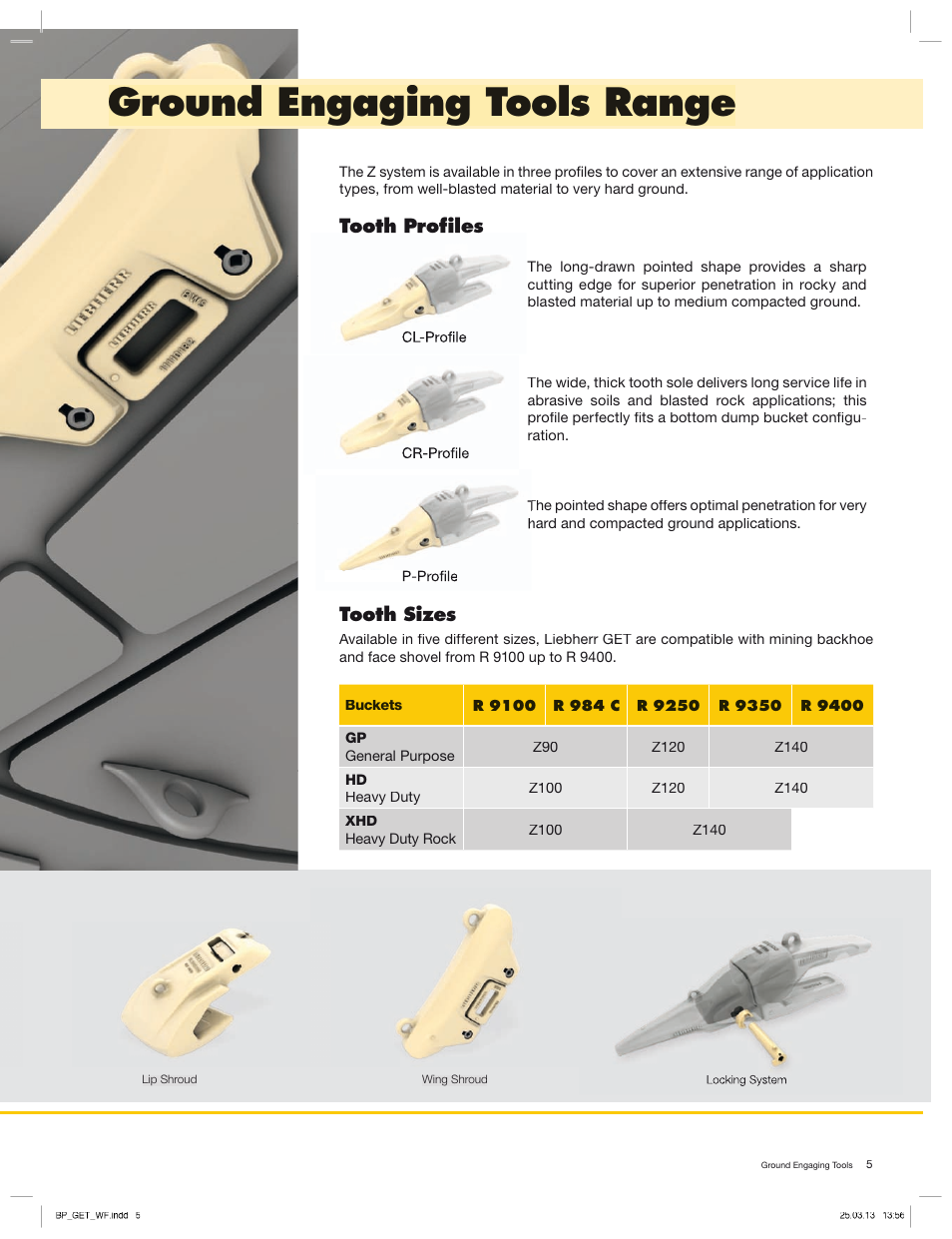 Ground engaging tools range, Tooth profiles tooth sizes | Liebherr R 984 C User Manual | Page 5 / 12