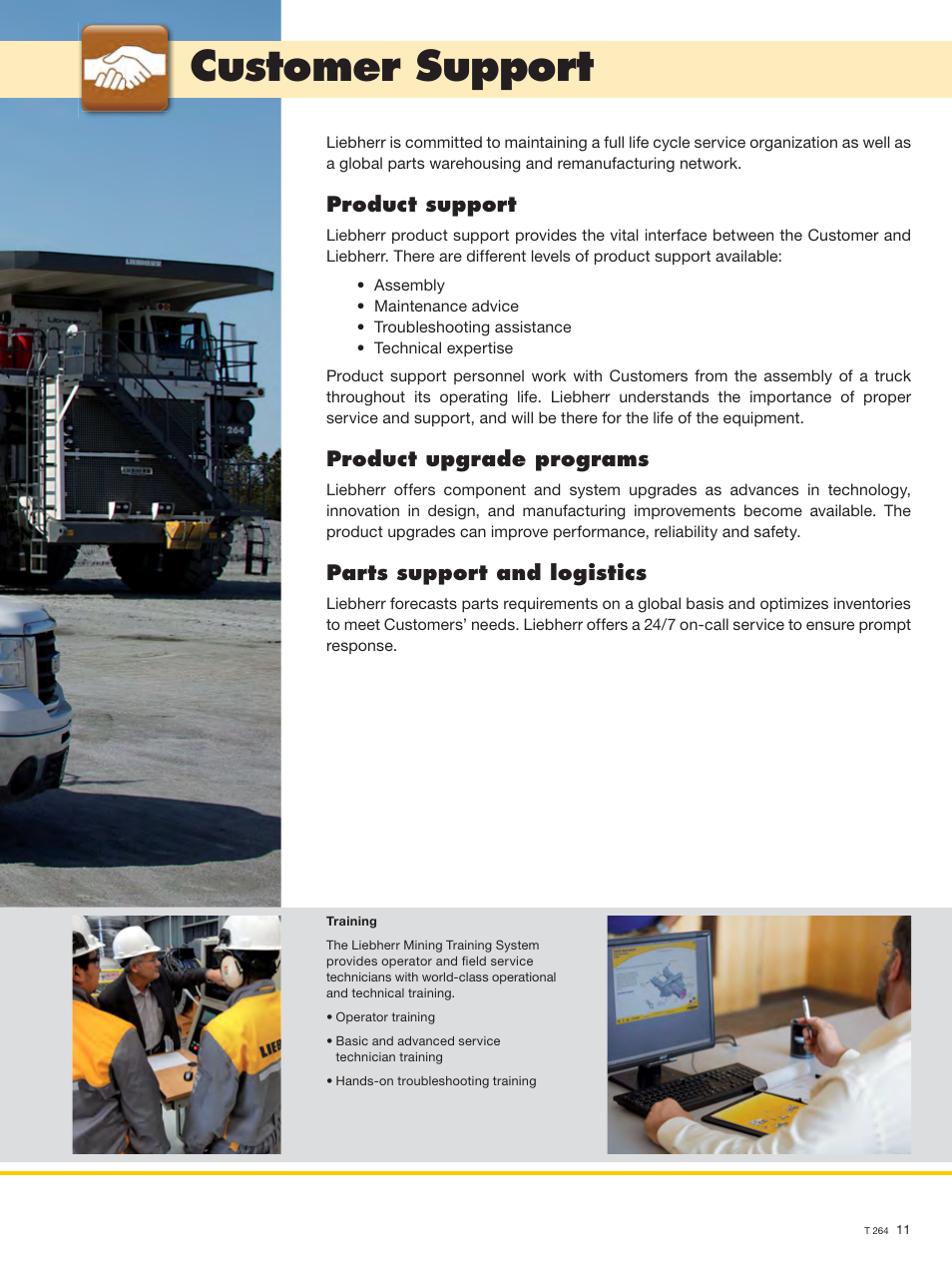 Customer support, Product support, Product upgrade programs | Parts support and logistics | Liebherr T 264 User Manual | Page 11 / 24