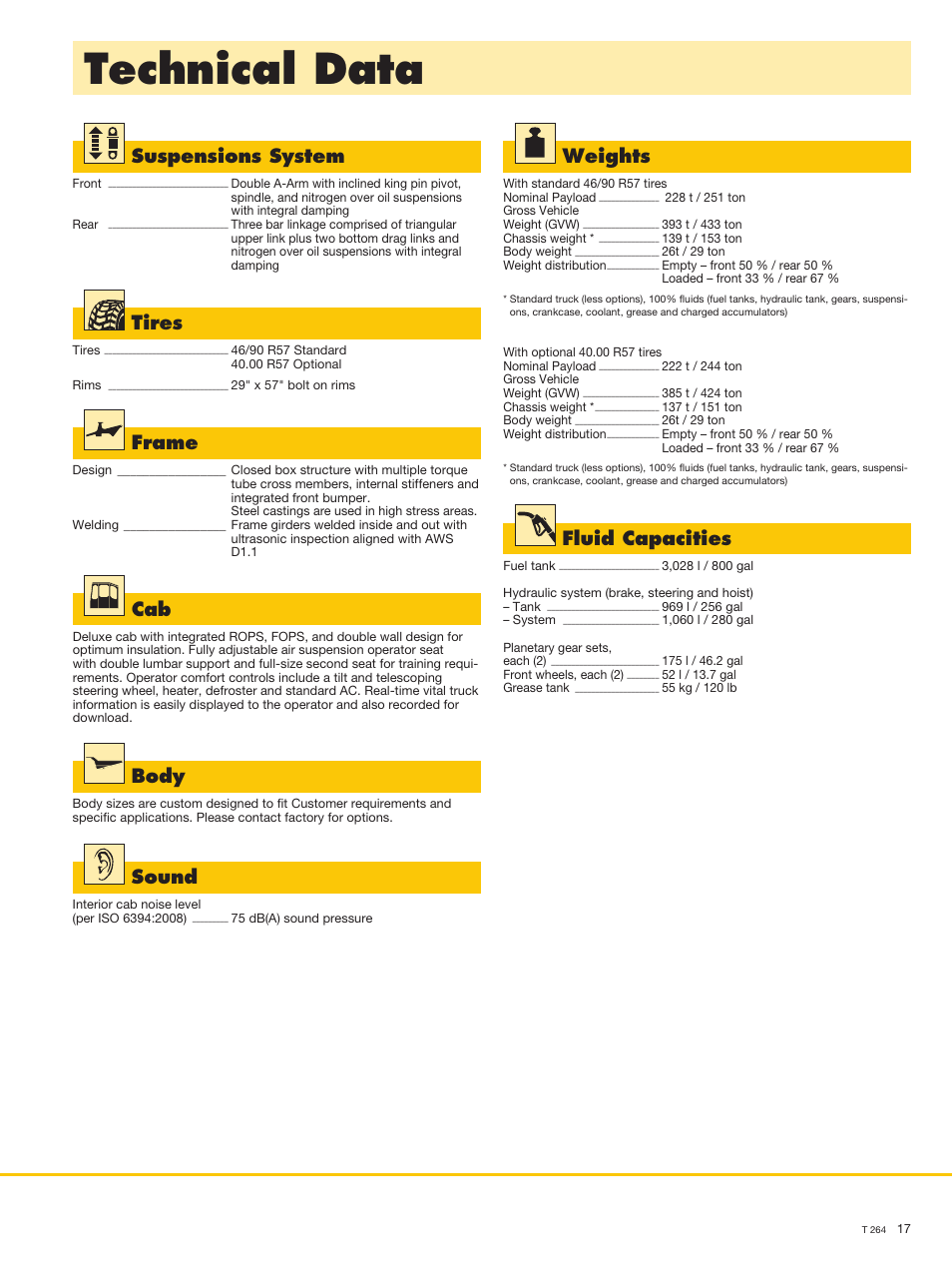 Technical data, Suspensions system, Weights | Tires, Fluid capacities, Frame, Body, Sound | Liebherr T 264 User Manual | Page 17 / 24