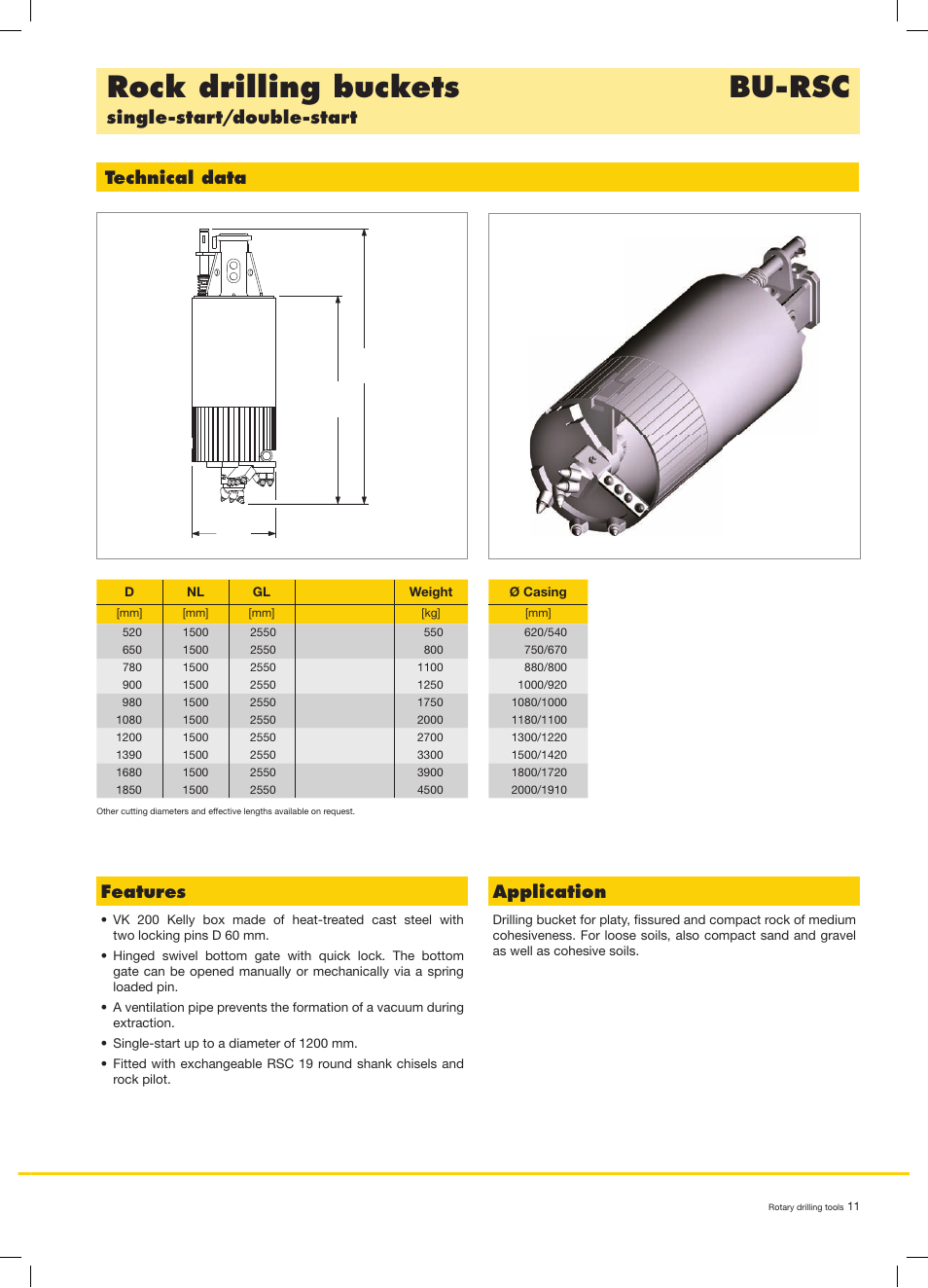 Rock drilling buckets bu-rsc, Single-start/double-start technical data, Features | Application | Liebherr LB 44 User Manual | Page 11 / 20