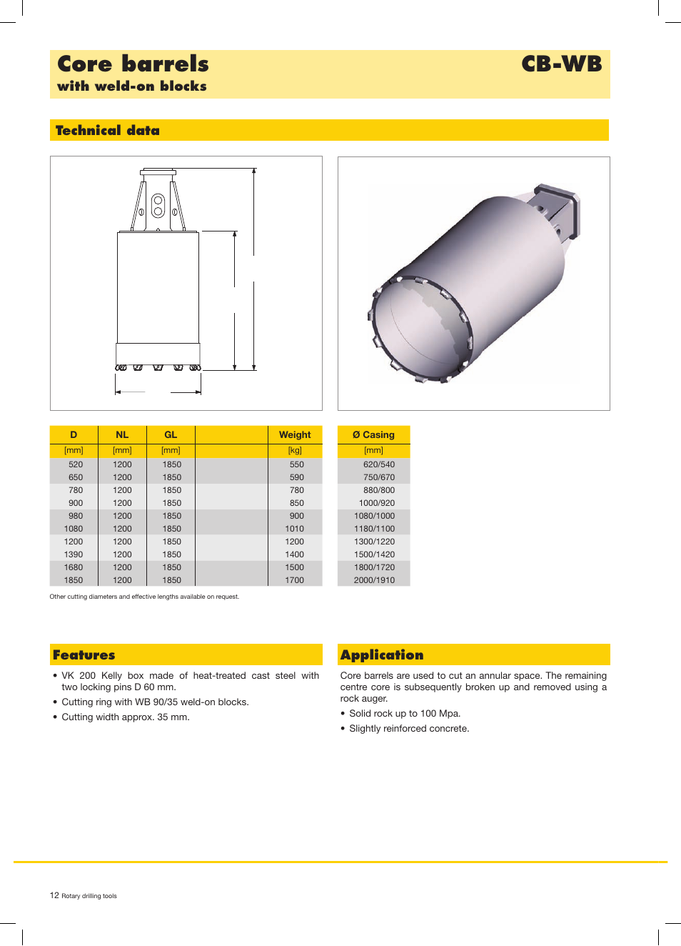 Core barrels cb-wb, With weld-on blocks technical data, Features | Application | Liebherr LB 44 User Manual | Page 12 / 20