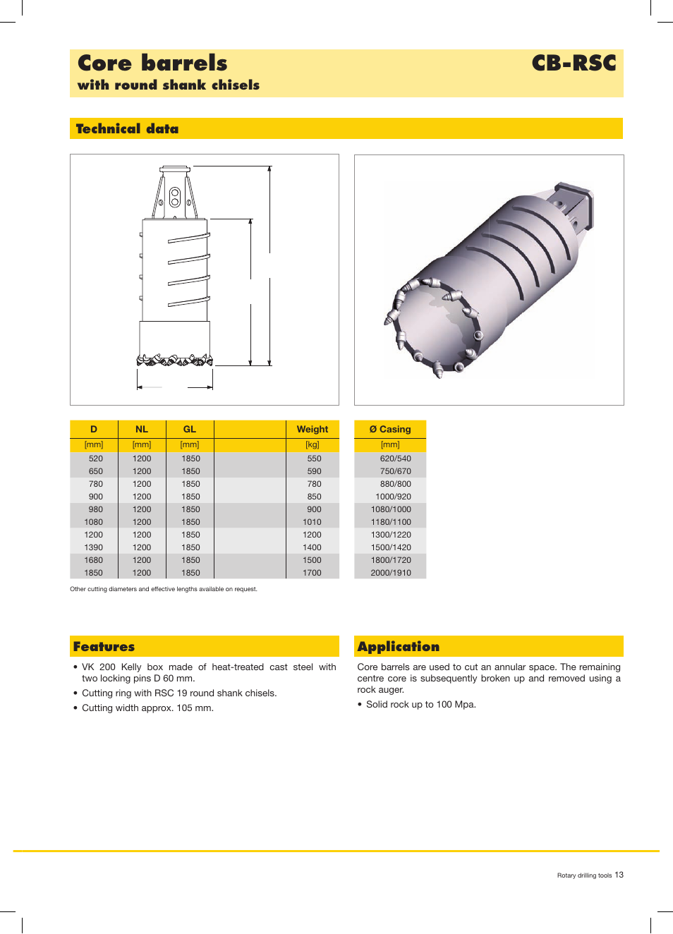 Core barrels cb-rsc, With round shank chisels technical data, Features | Application | Liebherr LB 44 User Manual | Page 13 / 20