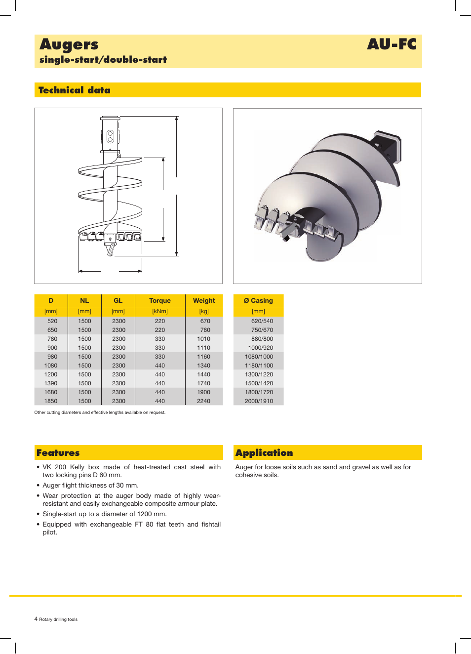 Augers au-fc, Single-start/double-start technical data, Features | Application | Liebherr LB 44 User Manual | Page 4 / 20