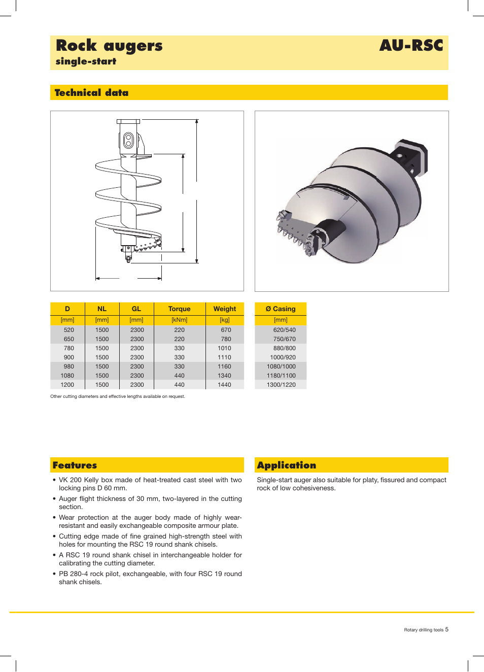 Rock augers au-rsc, Single-start technical data, Features | Application | Liebherr LB 44 User Manual | Page 5 / 20