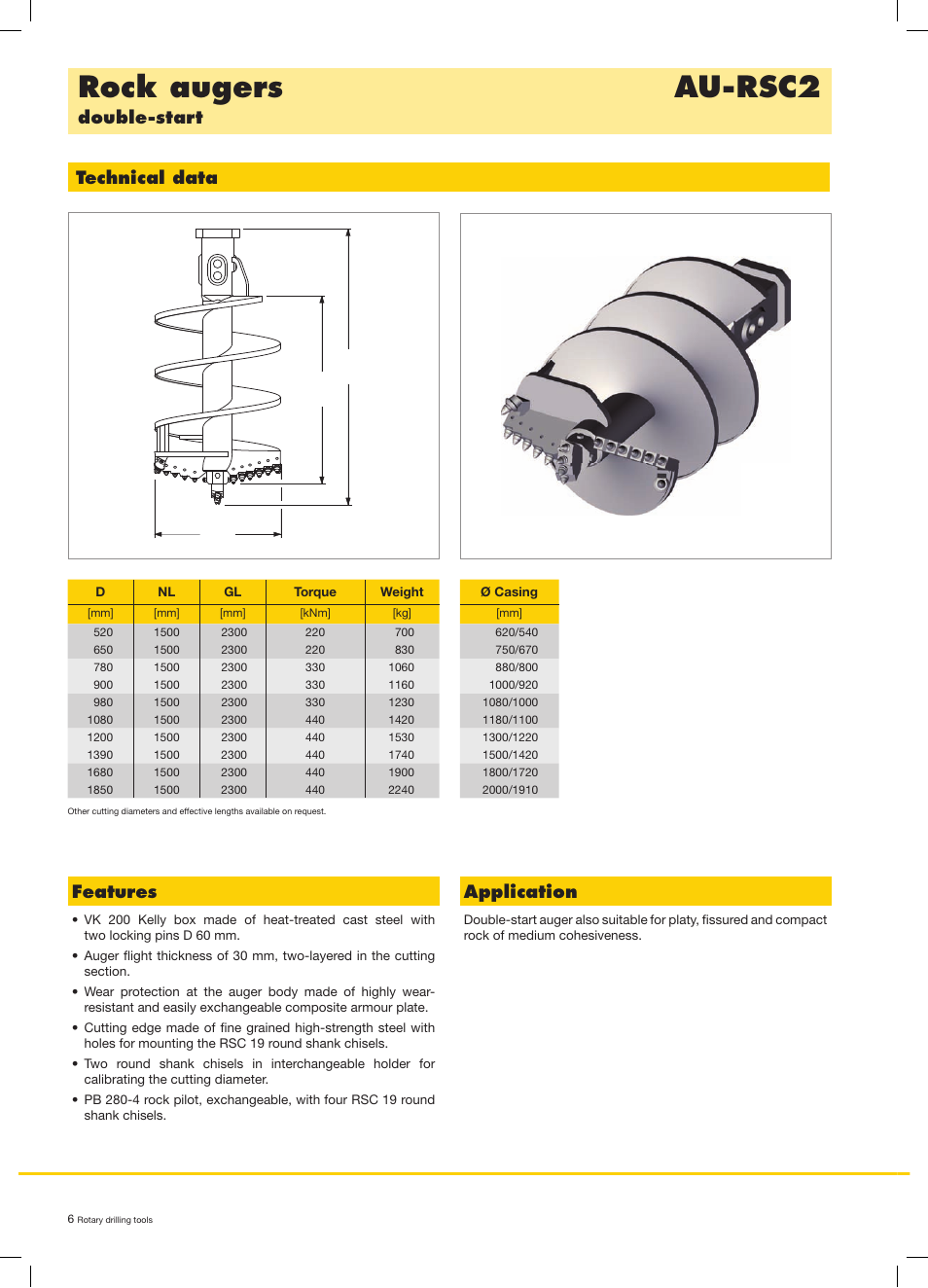 Rock augers au-rsc2, Double-start technical data, Features | Application | Liebherr LB 44 User Manual | Page 6 / 20