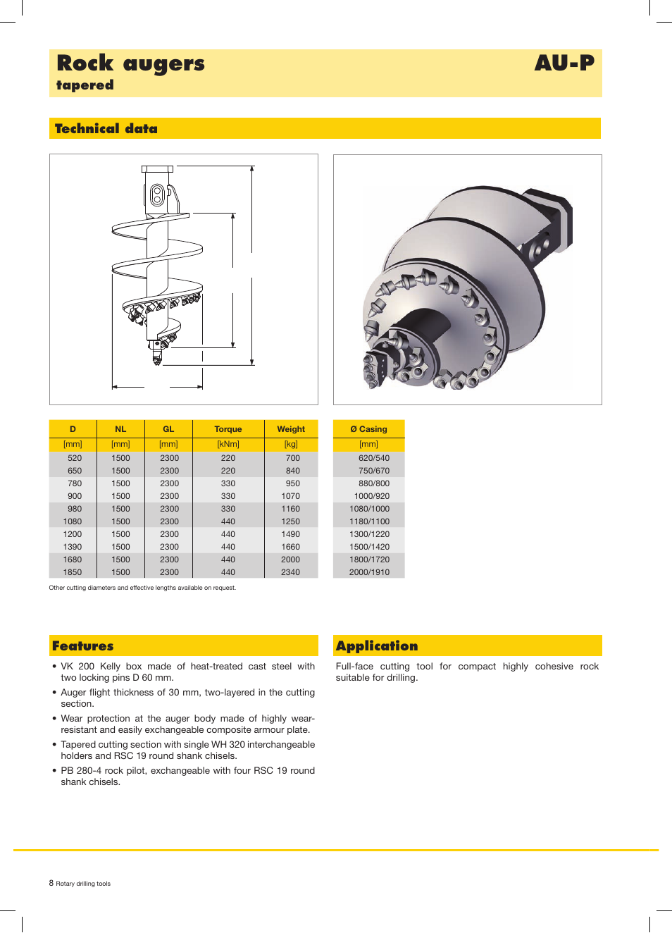 Rock augers au-p, Tapered technical data, Features | Application | Liebherr LB 44 User Manual | Page 8 / 20