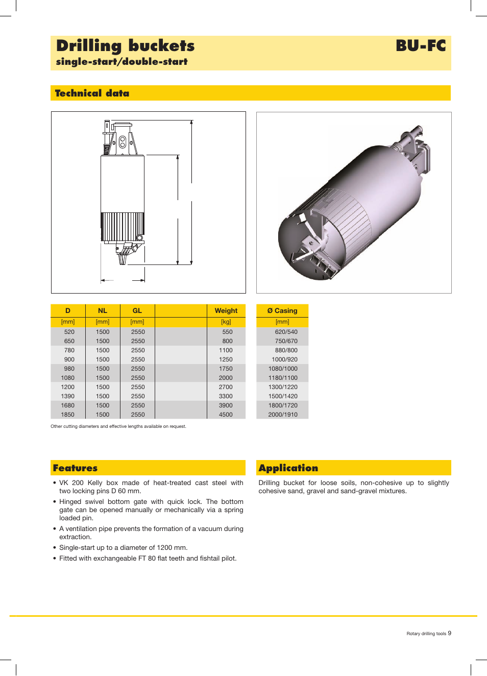 Drilling buckets bu-fc, Single-start/double-start technical data, Features | Application | Liebherr LB 44 User Manual | Page 9 / 20