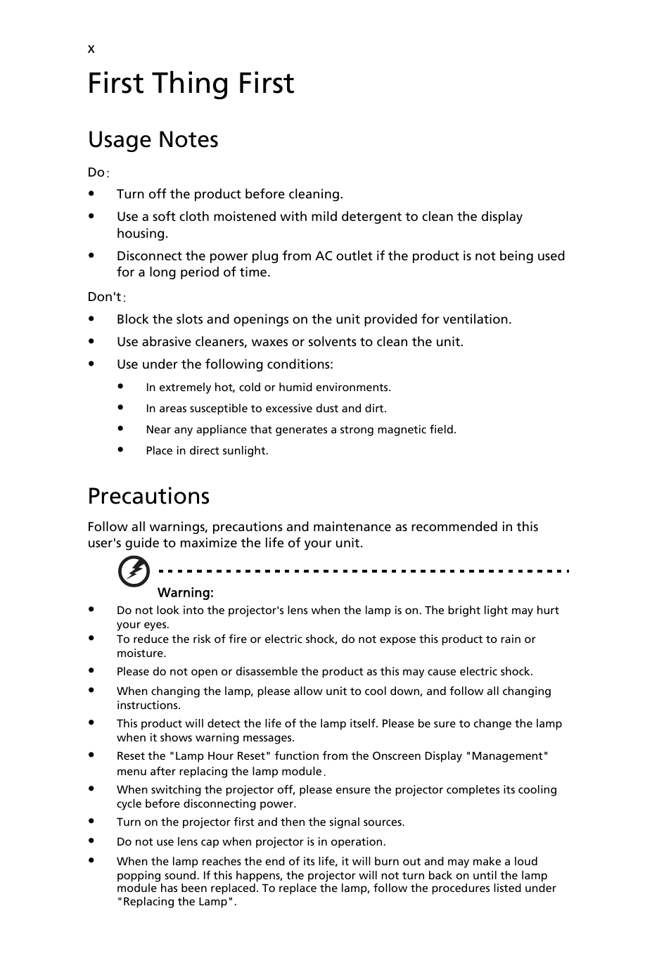 First thing first, Usage notes, Precautions | Acer X1230 User Manual | Page 10 / 56