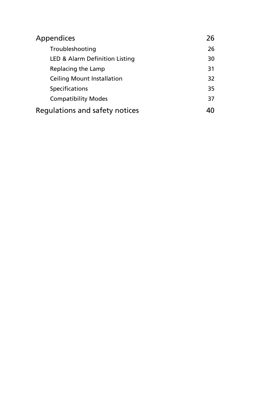 Appendices 26, Regulations and safety notices 40 | Acer X1230 User Manual | Page 12 / 56