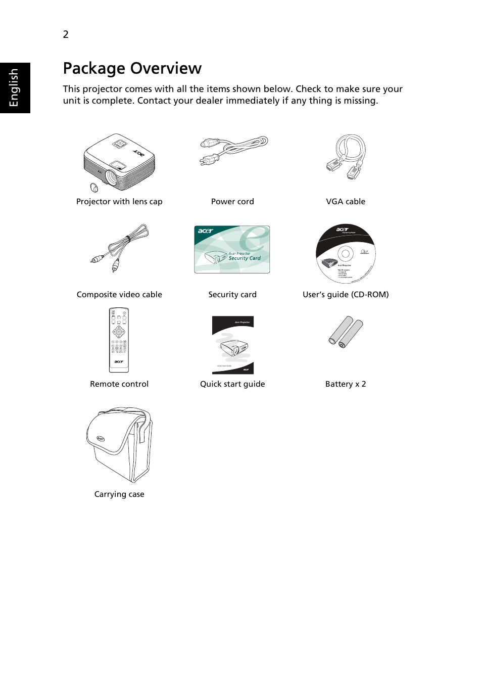 Package overview, English | Acer X1230 User Manual | Page 14 / 56