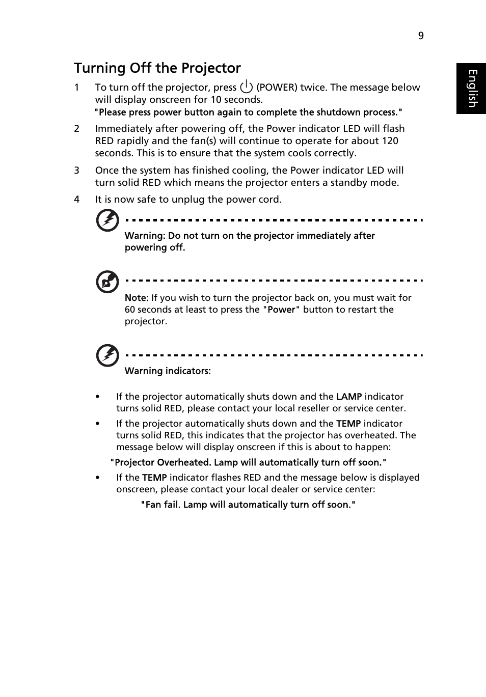 Turning off the projector | Acer X1230 User Manual | Page 21 / 56