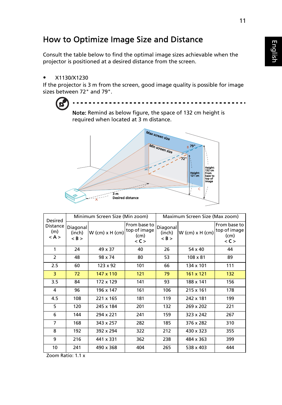 How to optimize image size and distance, Eng lis h | Acer X1230 User Manual | Page 23 / 56