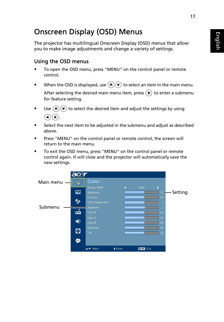 Onscreen display (osd) menus | Acer X1230 User Manual | Page 29 / 56