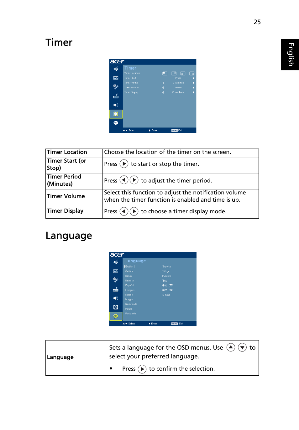 Timer, Language, Timer language | Acer X1230 User Manual | Page 37 / 56