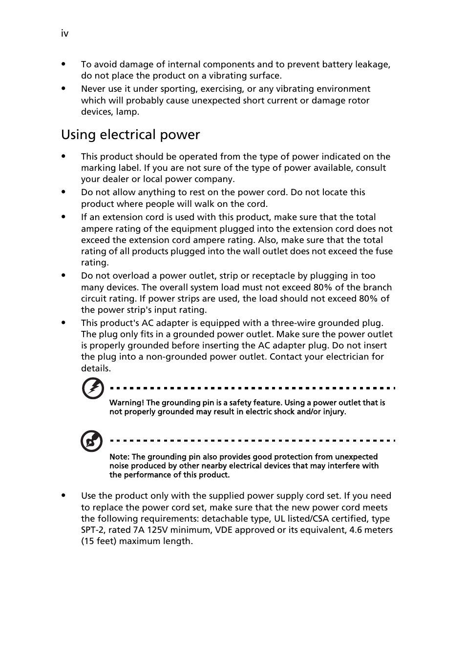 Using electrical power | Acer X1230 User Manual | Page 4 / 56