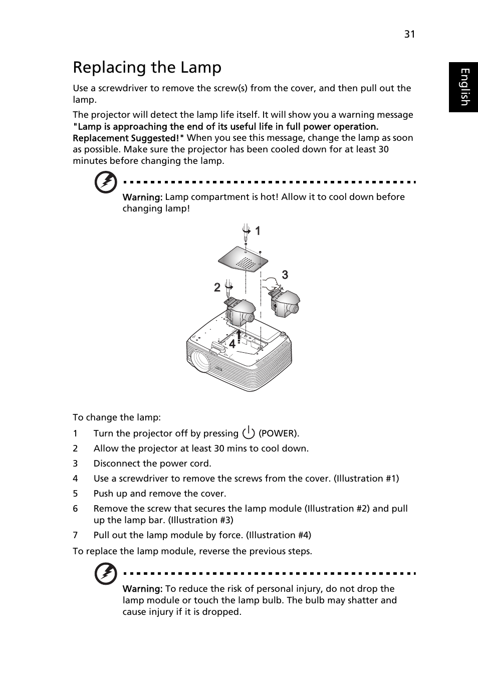 Replacing the lamp | Acer X1230 User Manual | Page 43 / 56