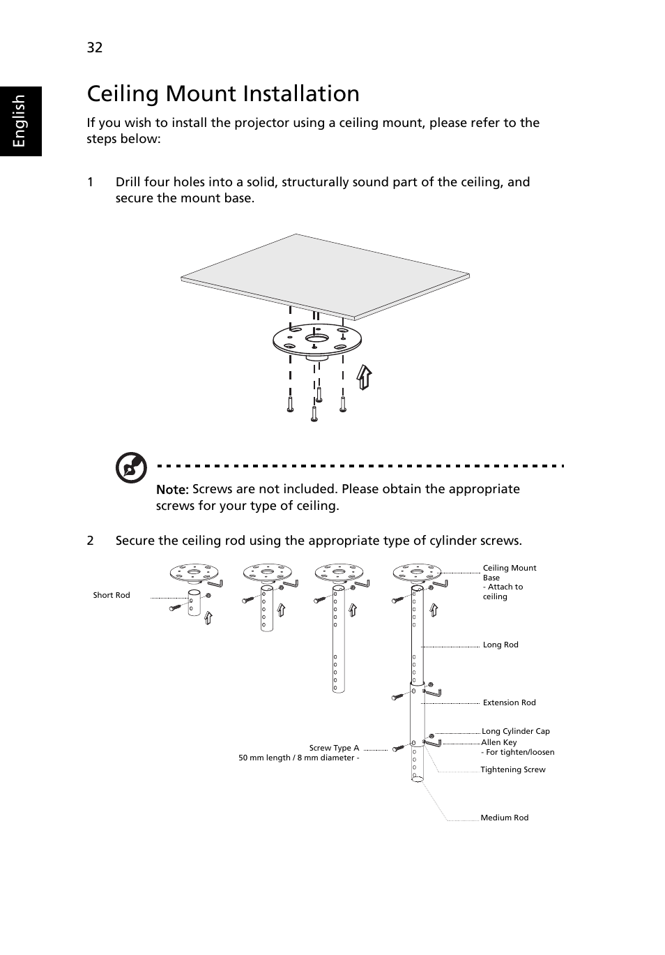 Ceiling mount installation, English | Acer X1230 User Manual | Page 44 / 56