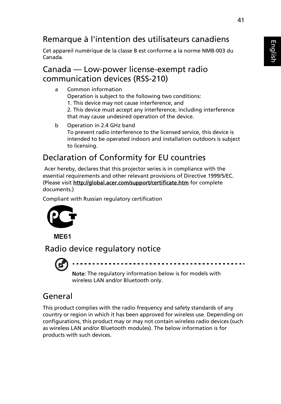 Remarque à l'intention des utilisateurs canadiens, Declaration of conformity for eu countries, Radio device regulatory notice | General | Acer X1230 User Manual | Page 53 / 56