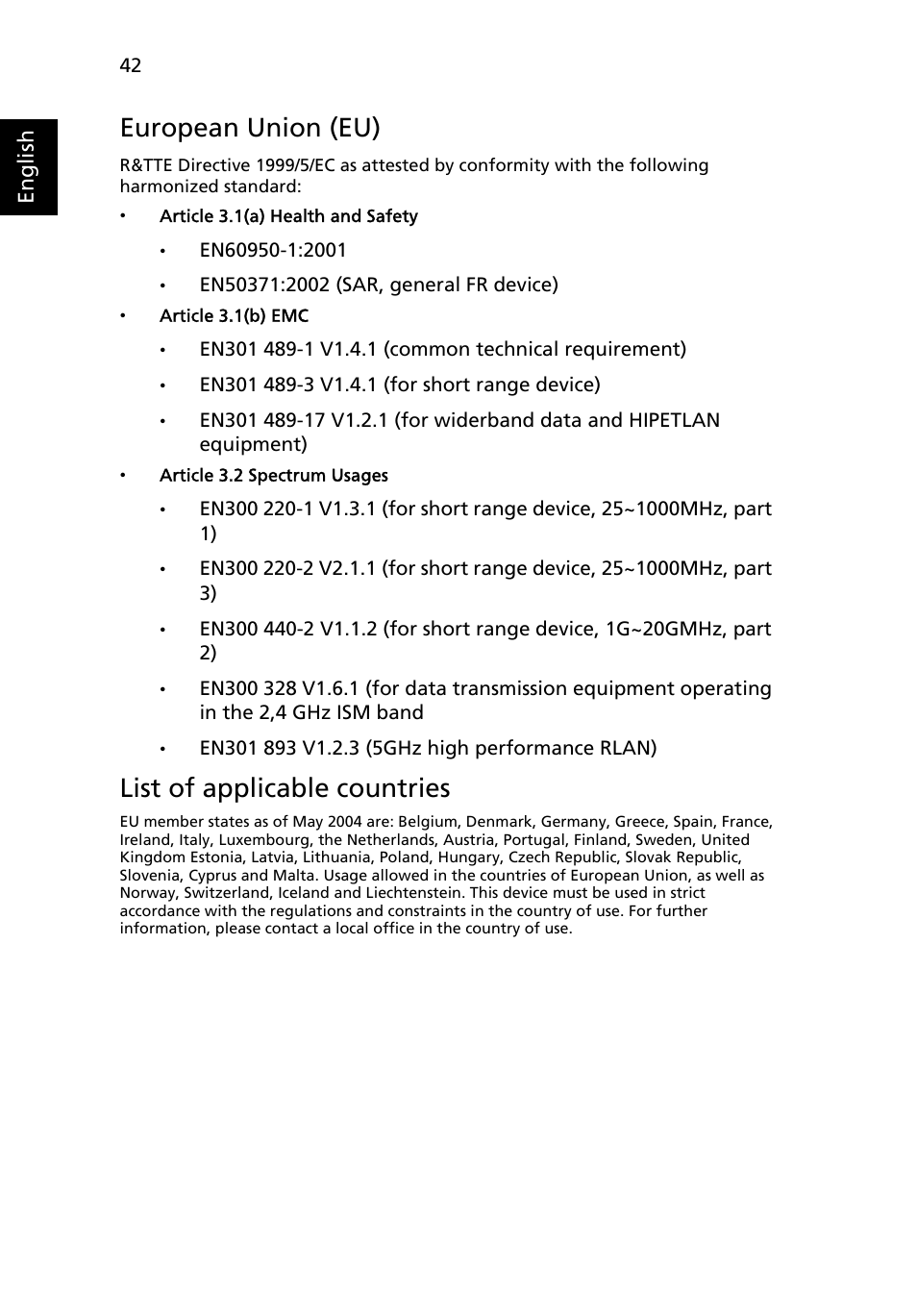 European union (eu), List of applicable countries | Acer X1230 User Manual | Page 54 / 56