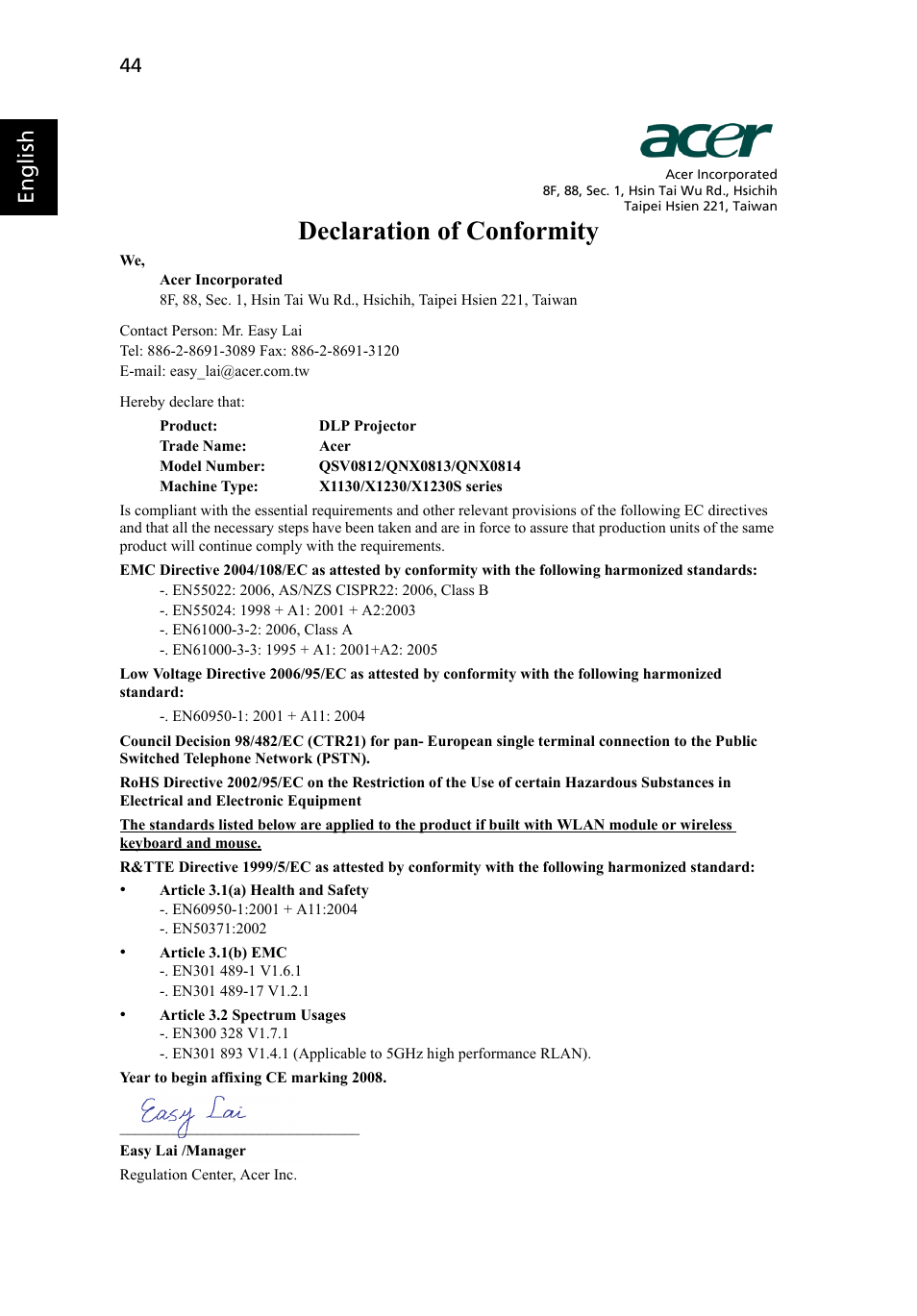 Declaration of conformity, English | Acer X1230 User Manual | Page 56 / 56