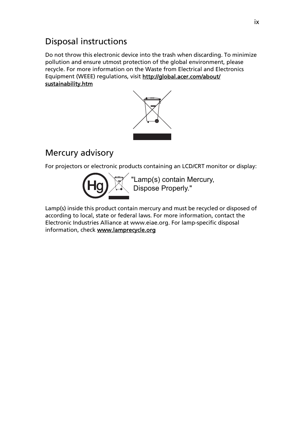 Disposal instructions, Mercury advisory | Acer X1230 User Manual | Page 9 / 56