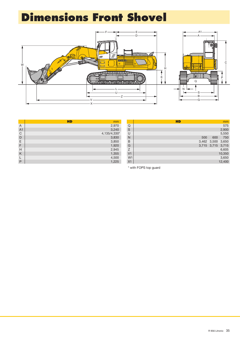 Dimensions front shovel | Liebherr R 956 User Manual | Page 35 / 40