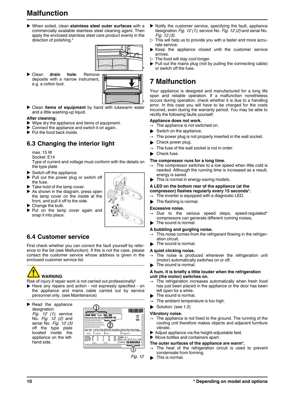 3changing the interior light, 4customer service, 7malfunction | 7 malfunction, Malfunction, 3 changing the interior light, 4 customer service | Liebherr TP 1714 Comfort User Manual | Page 10 / 12