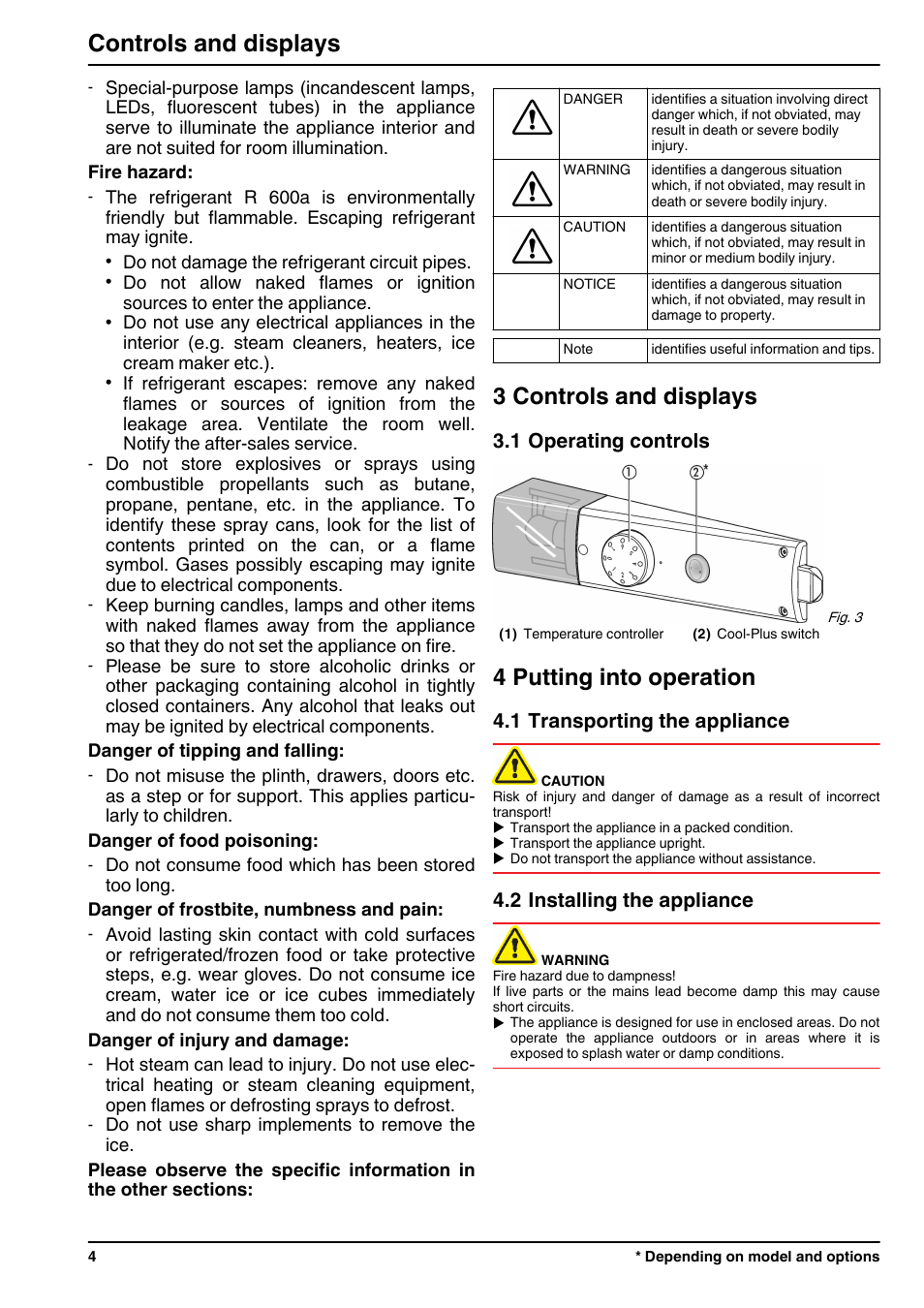 3controls and displays, 1operating controls, 4putting into operation | 1transporting the appliance, 2installing the appliance, 3 controls and displays, 4 putting into operation, Controls and displays | Liebherr TP 1714 Comfort User Manual | Page 4 / 12