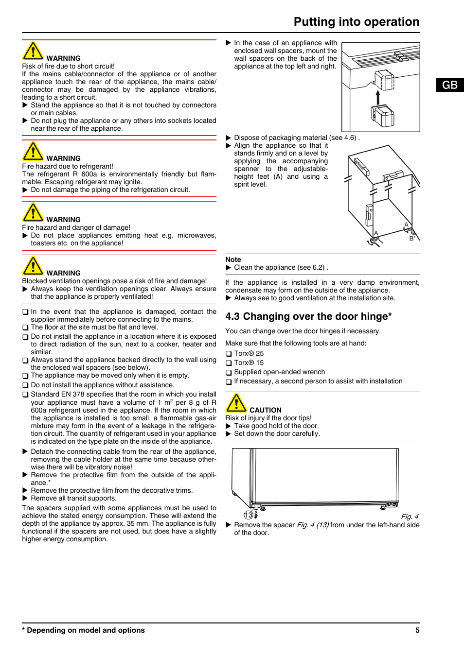 3changing over the door hinge, Putting into operation, 3 changing over the door hinge | Liebherr TP 1714 Comfort User Manual | Page 5 / 12