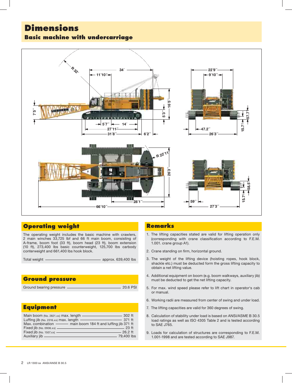 Dimensions, Basic machine with undercarriage, Operating weight | Ground pressure, Equipment, Remarks | Liebherr LR 1300 User Manual | Page 2 / 24