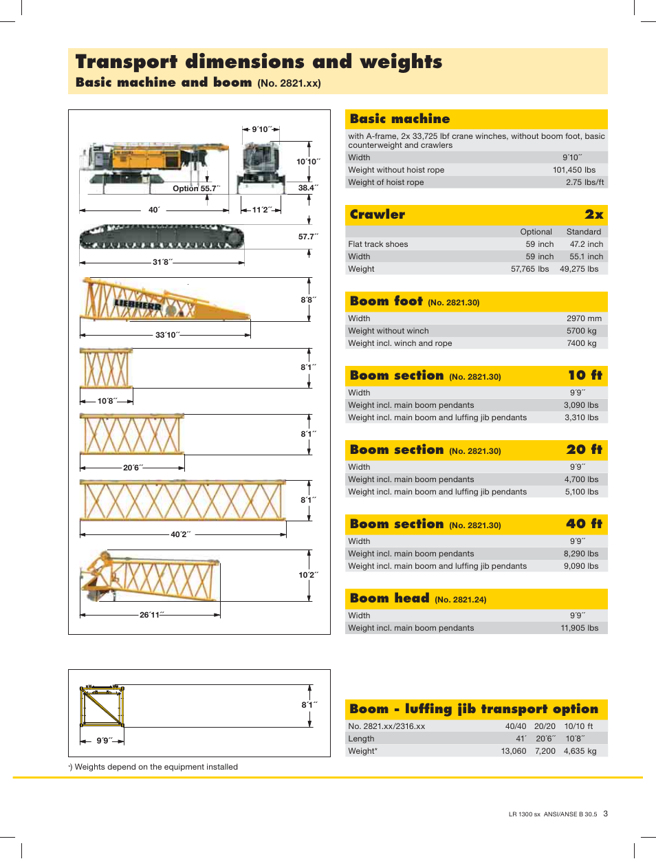 Transport dimensions and weights, Basic machine and boom, Basic machine | Boom foot, 10 ft, 20 ft, 40 ft, Boom head, Boom - lufﬁng jib transport option, Crawler | Liebherr LR 1300 User Manual | Page 3 / 24