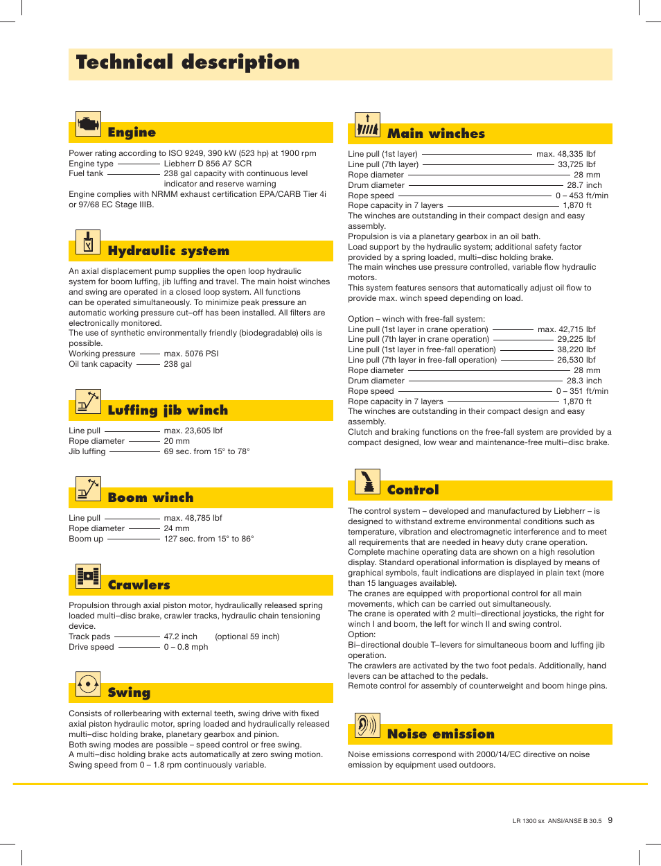 Technical description, Hydraulic system, Lufﬁng jib winch | Boom winch, Swing, Main winches, Crawlers, Control, Noise emission, Engine | Liebherr LR 1300 User Manual | Page 9 / 24
