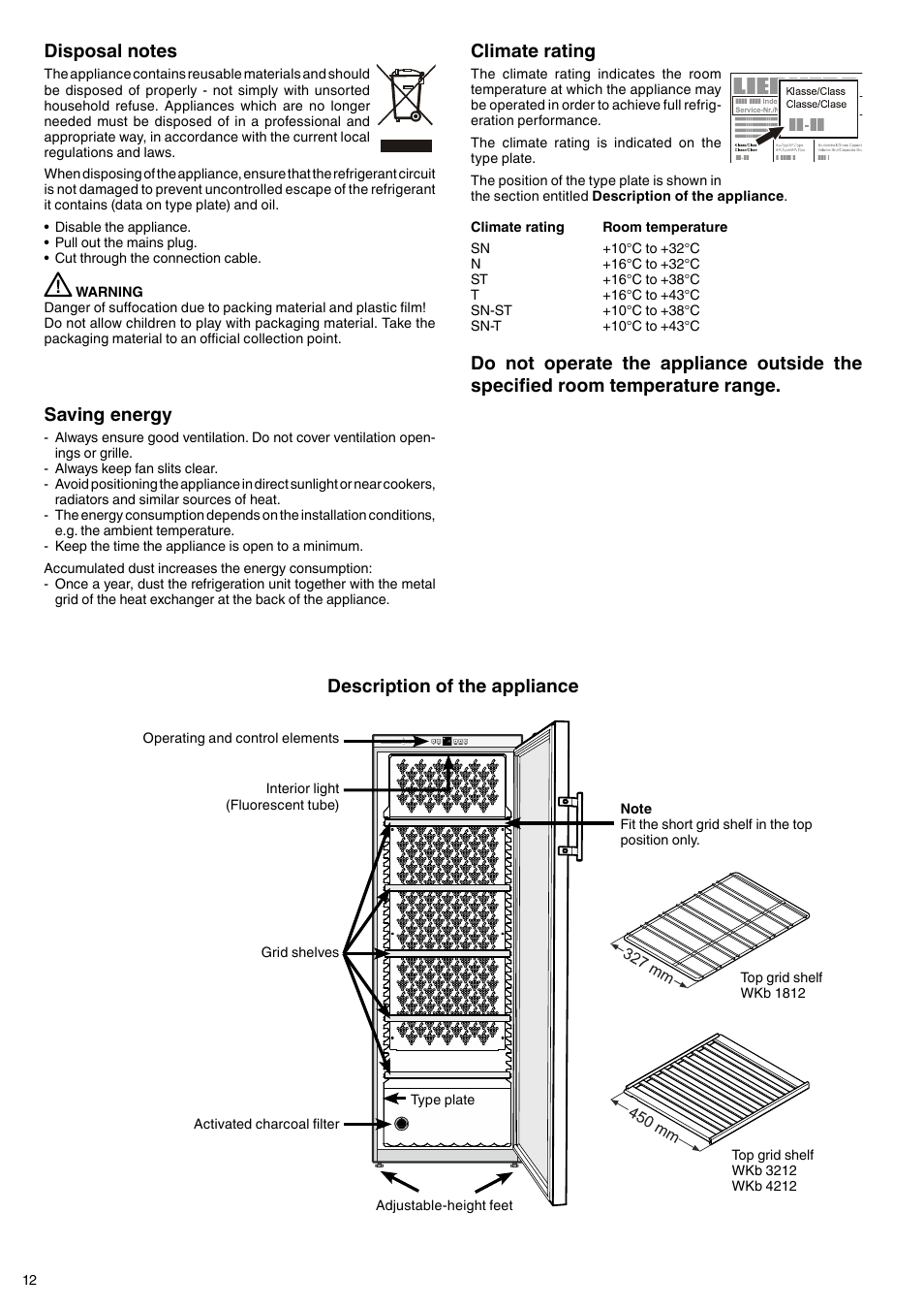 Description of the appliance, Saving energy, Climate rating | Liebherr WKb 3212 Vinothek User Manual | Page 2 / 11