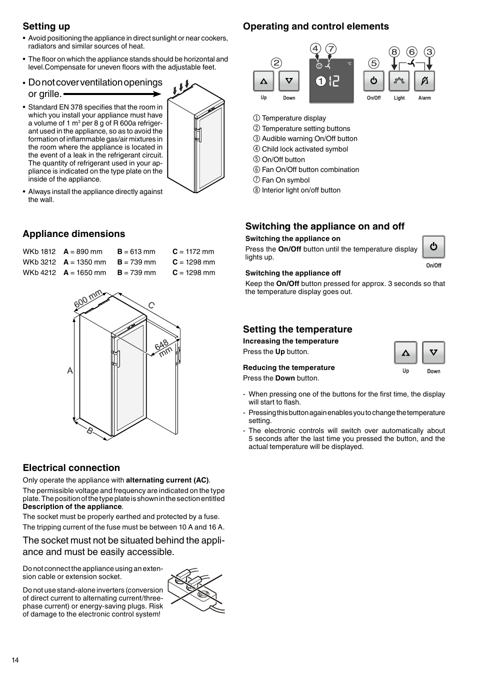 Setting the temperature, Operating and control elements, Switching the appliance on and off | Appliance dimensions, Setting up, Do not cover ventilation openings or grille, Electrical connection | Liebherr WKb 3212 Vinothek User Manual | Page 4 / 11