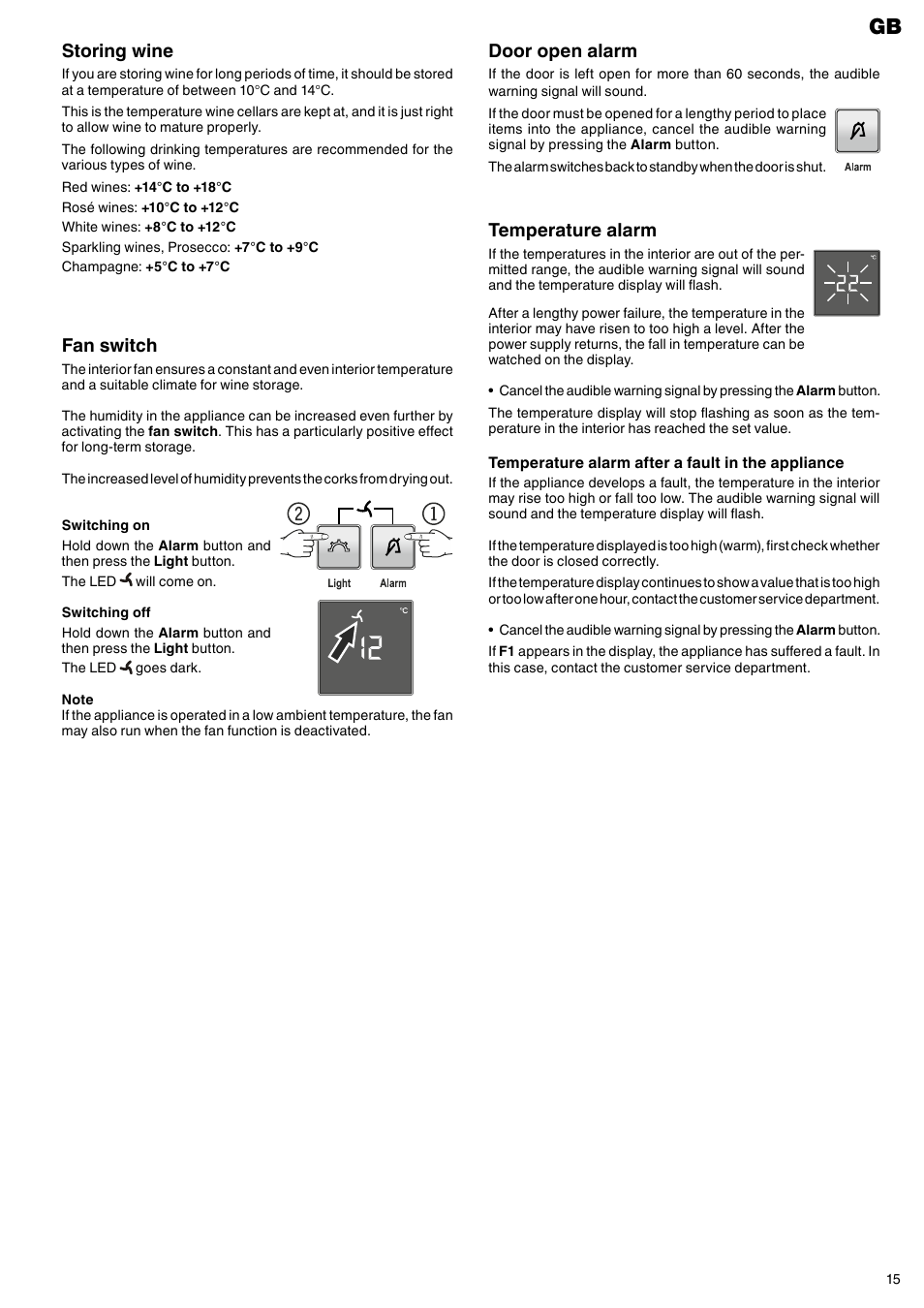 Storing wine, Door open alarm, Temperature alarm | Fan switch | Liebherr WKb 3212 Vinothek User Manual | Page 5 / 11