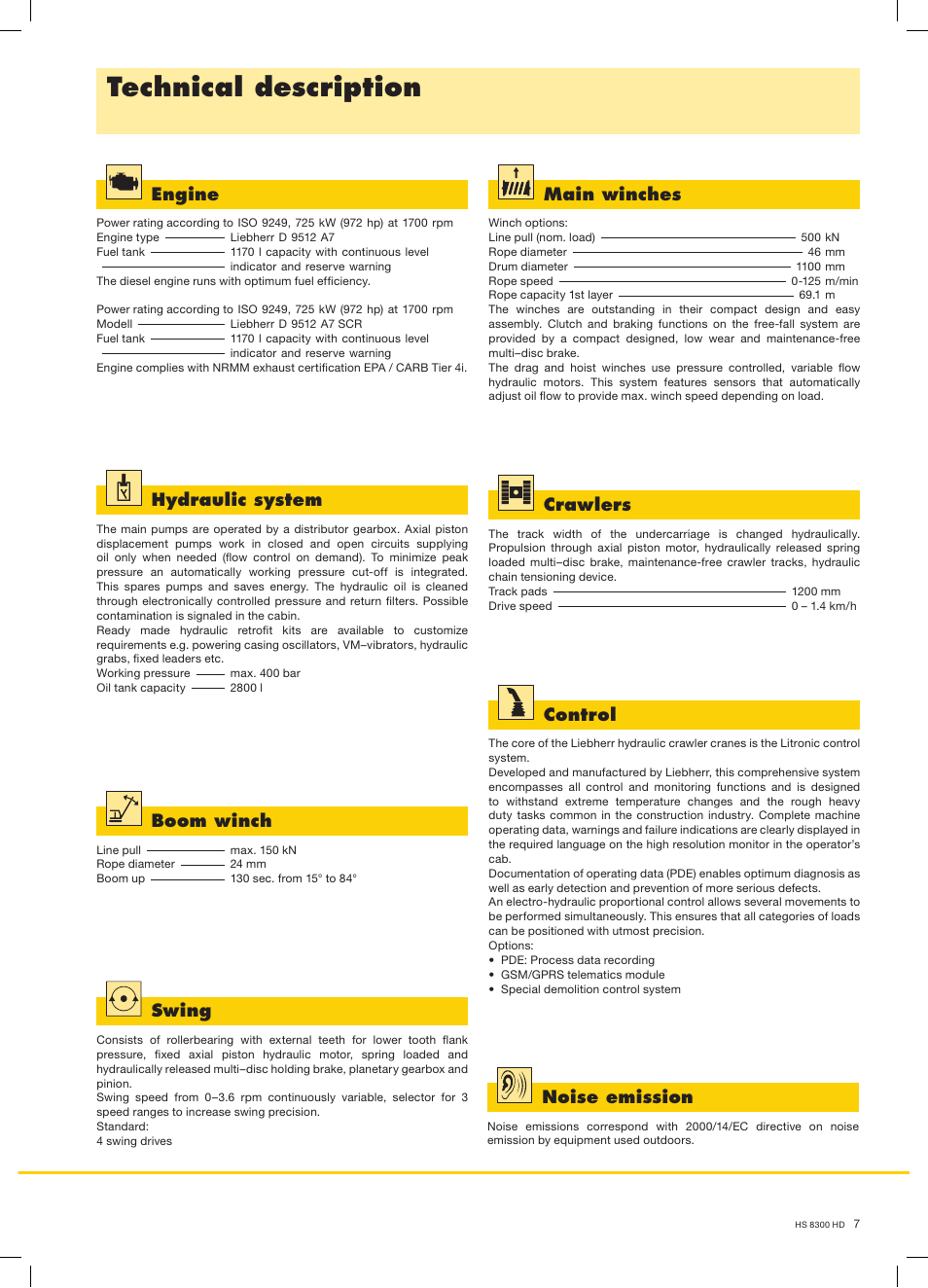 Technical description, Engine, Hydraulic system | Boom winch, Swing, Main winches, Noise emission, Control, Crawlers | Liebherr HS 8300 HD Hybrid User Manual | Page 7 / 16