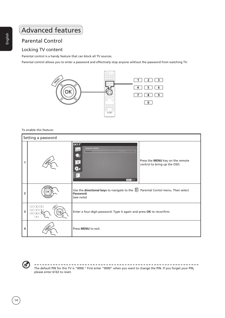 Advanced features, Parental control, Locking tv content | Acer AT3235 User Manual | Page 14 / 24