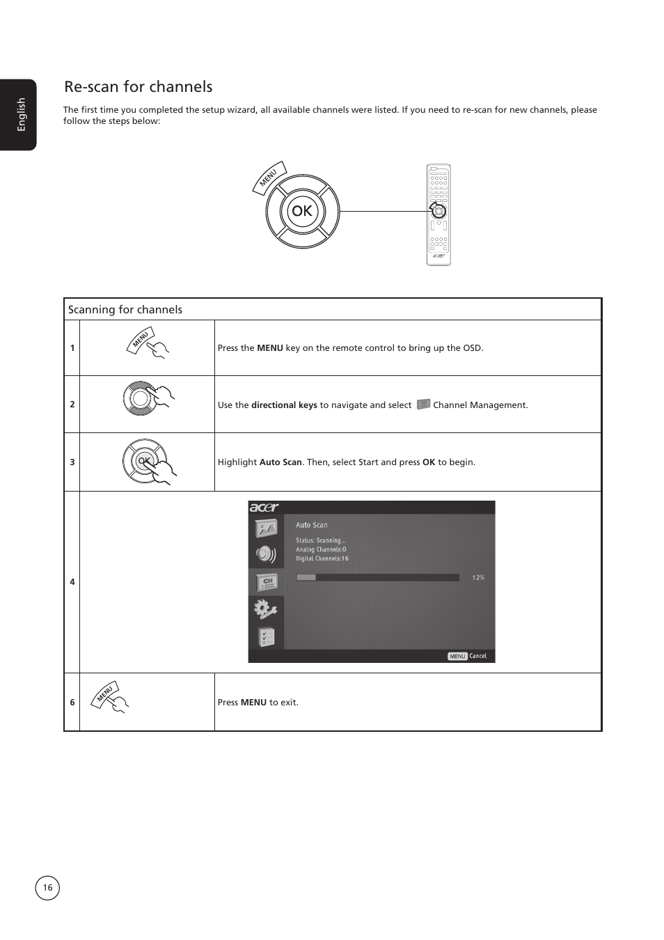 Re-scan for channels | Acer AT3235 User Manual | Page 16 / 24