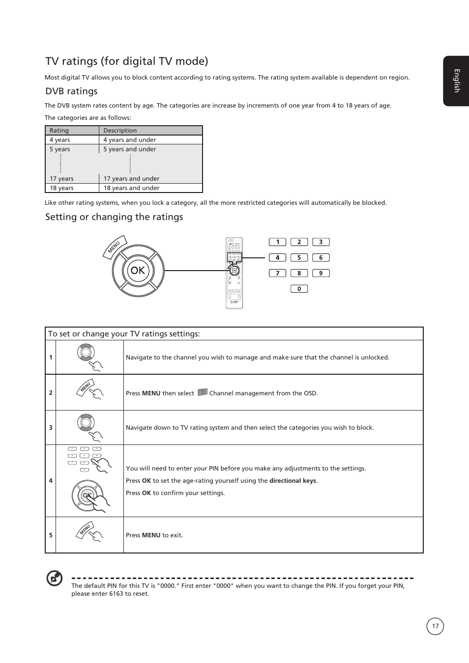 Tv ratings (for digital tv mode), Dvb ratings, Setting or changing the ratings | Acer AT3235 User Manual | Page 17 / 24