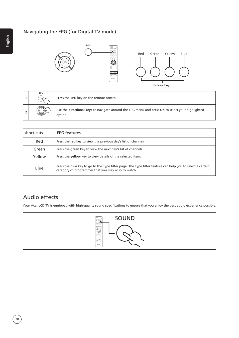 Audio effects, Sound, Navigating the epg (for digital tv mode) | Acer AT3235 User Manual | Page 20 / 24