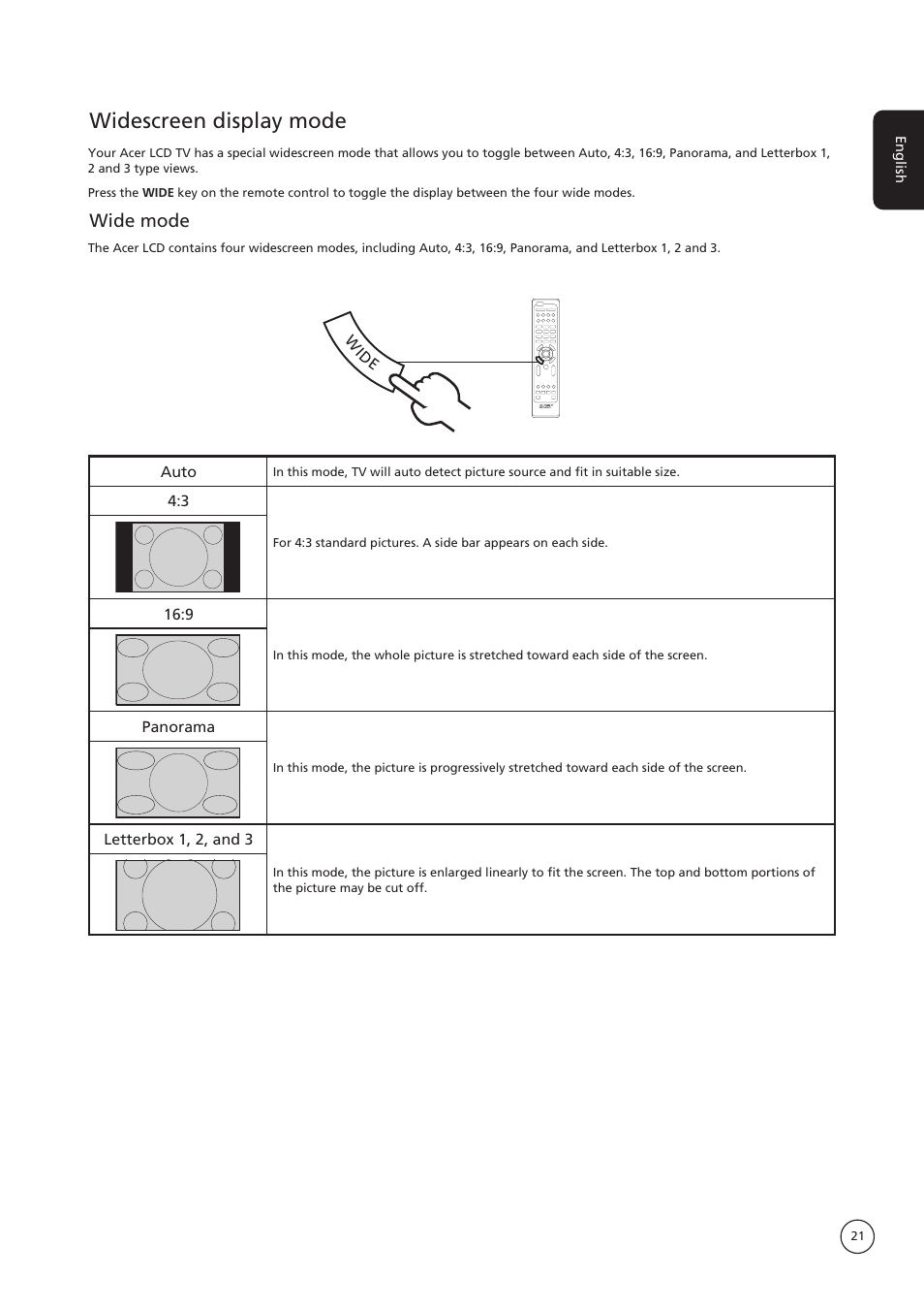 Widescreen display mode, Wide mode | Acer AT3235 User Manual | Page 21 / 24