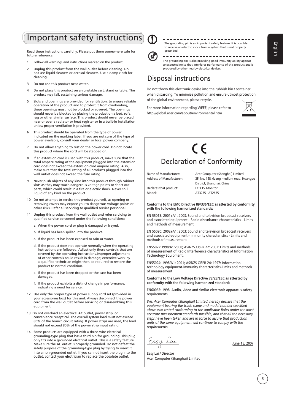 Important safety instructions, Disposal instructions, Declaration of conformity | Acer AT3235 User Manual | Page 3 / 24
