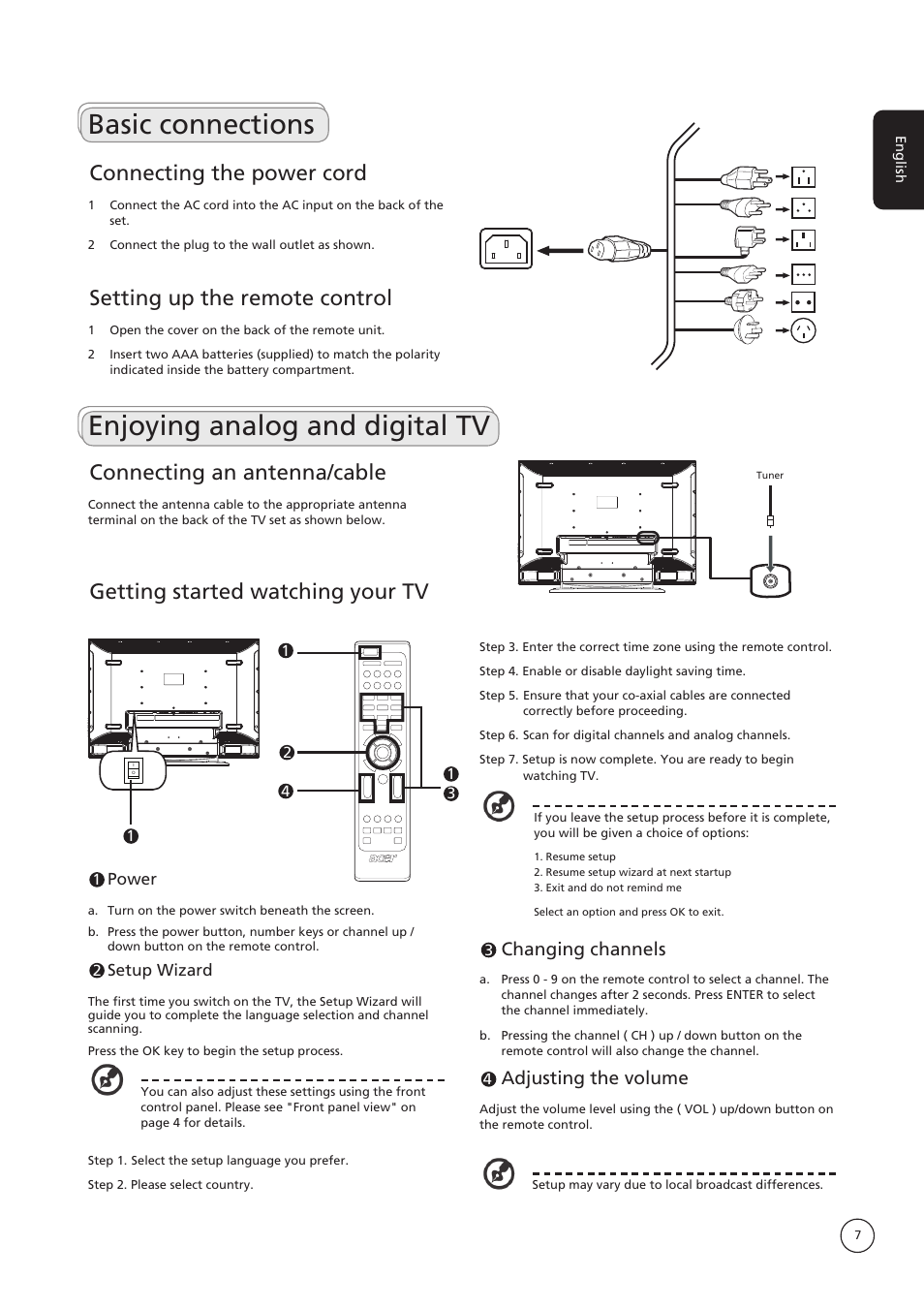 Basic connections, Enjoying analog and digital tv, Connecting the power cord | Setting up the remote control, Getting started watching your tv, Connecting an antenna/cable, Changing channels, Adjusting the volume | Acer AT3235 User Manual | Page 7 / 24