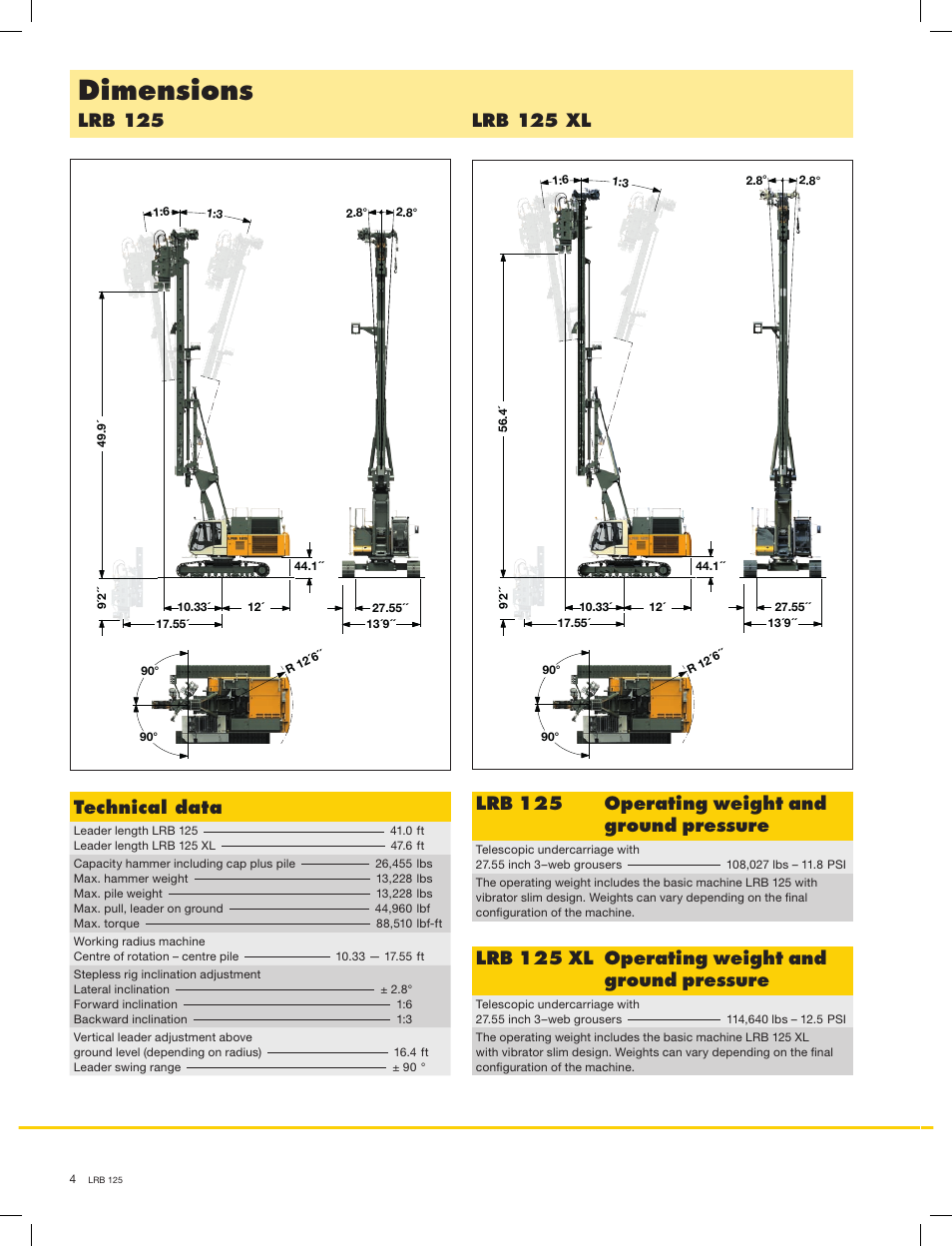 Dimensions, Lrb 125, Lrb 125 xl | Technical data, Operating weight and, Ground pressure | Liebherr LRB 125 XL User Manual | Page 4 / 16