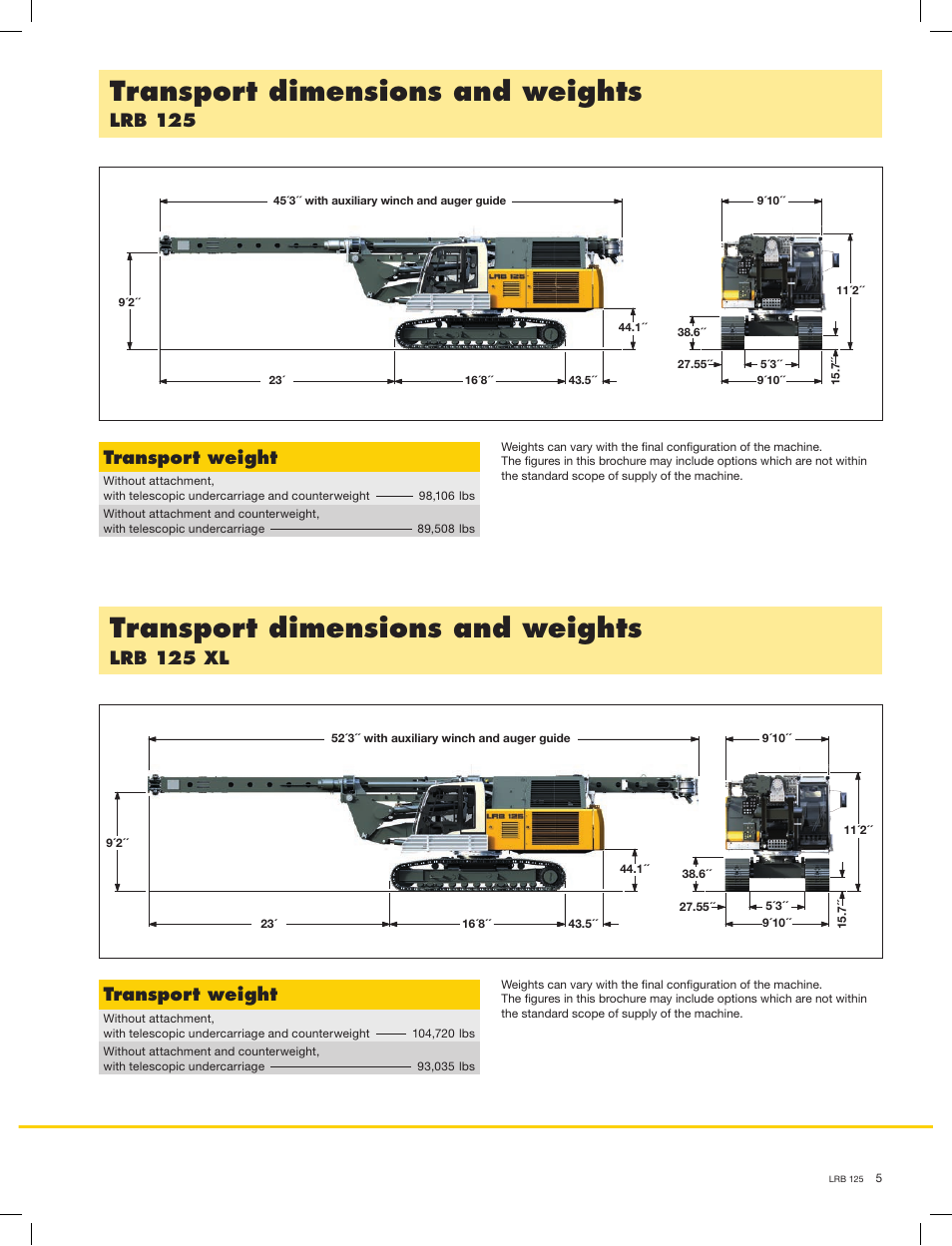 Transport dimensions and weights, Lrb 125, Lrb 125 xl | Transport weight | Liebherr LRB 125 XL User Manual | Page 5 / 16