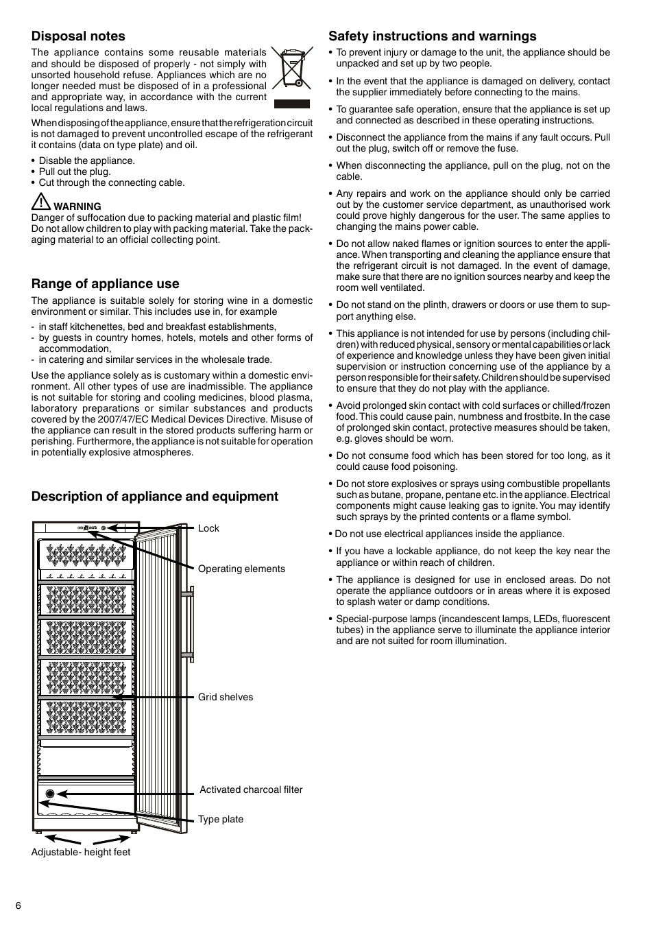 Description of appliance and equipment, Safety instructions and warnings, Range of appliance use | Liebherr WKt 6451 GrandCru User Manual | Page 2 / 5