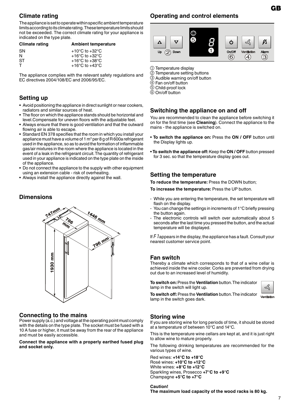 Setting up, Connecting to the mains, Climate rating | Dimensions operating and control elements, Setting the temperature, Fan switch, Switching the appliance on and off, Storing wine | Liebherr WKt 6451 GrandCru User Manual | Page 3 / 5