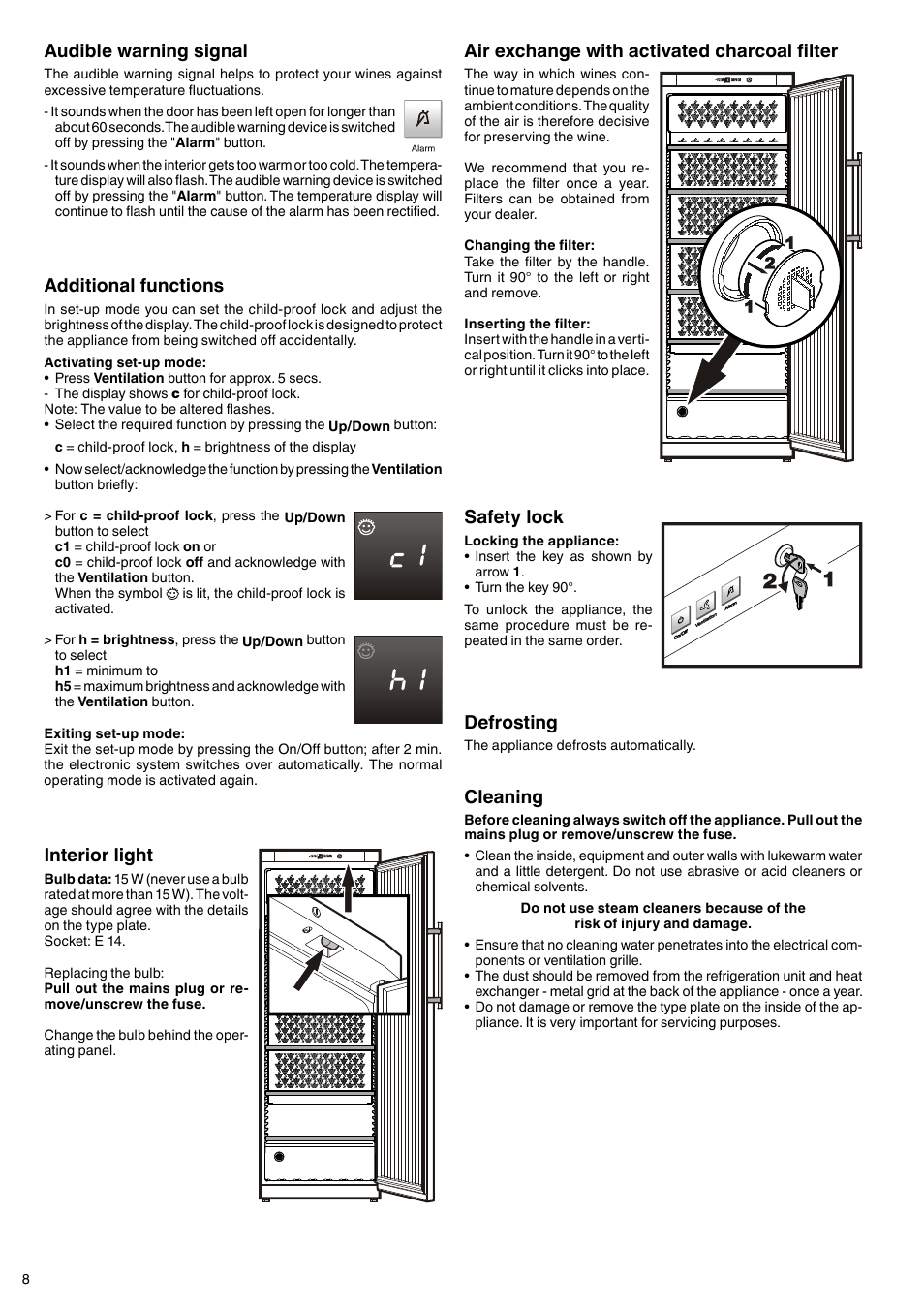 Cleaning, Defrosting, Air exchange with activated charcoal filter | Safety lock, Additional functions, Interior light, Audible warning signal | Liebherr WKt 6451 GrandCru User Manual | Page 4 / 5