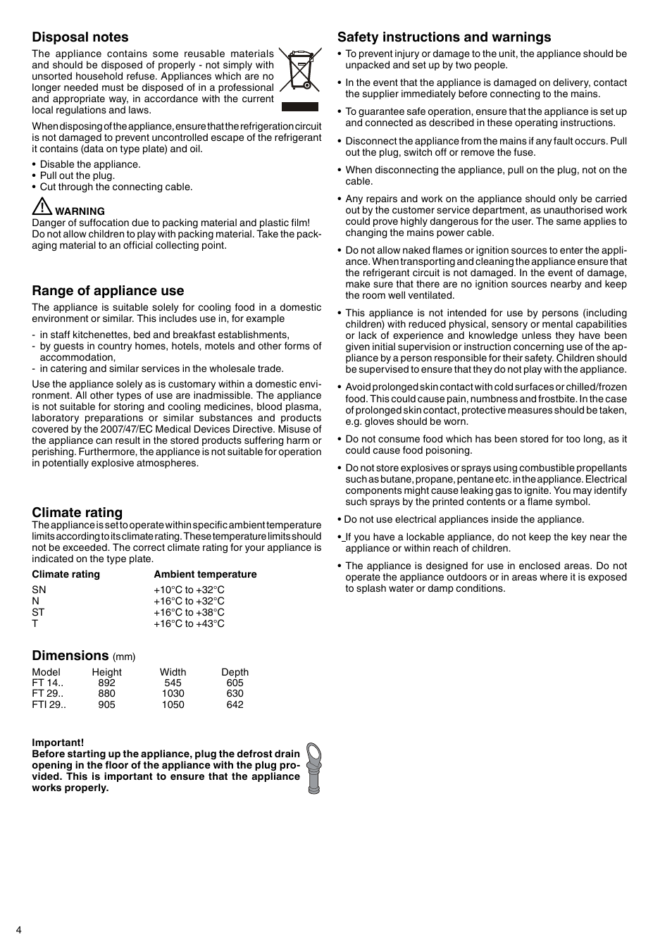 Dimensions, Safety instructions and warnings, Climate rating | Range of appliance use | Liebherr FT 2900 User Manual | Page 2 / 3